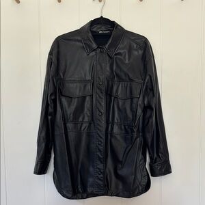 Black Faux Leather Shirt Jacket